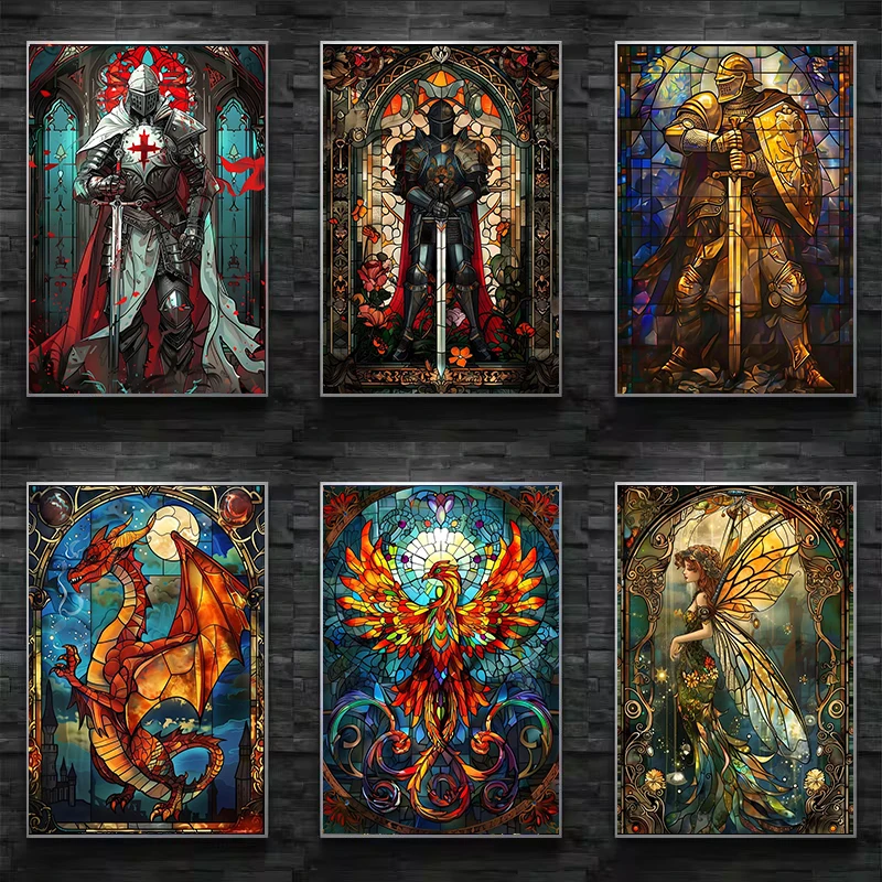 Resin Art And Deco - Fantazyjny Plakat z Witrażami, Złoty Rycerz,